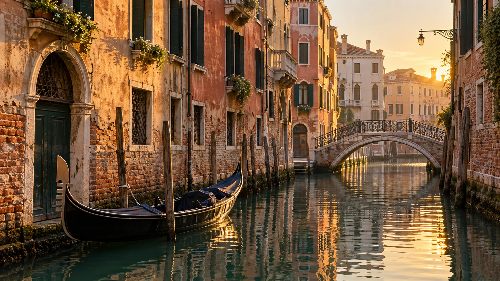 Canal paisible de Venise au lever du jour, façades ocre et gondole amarrée