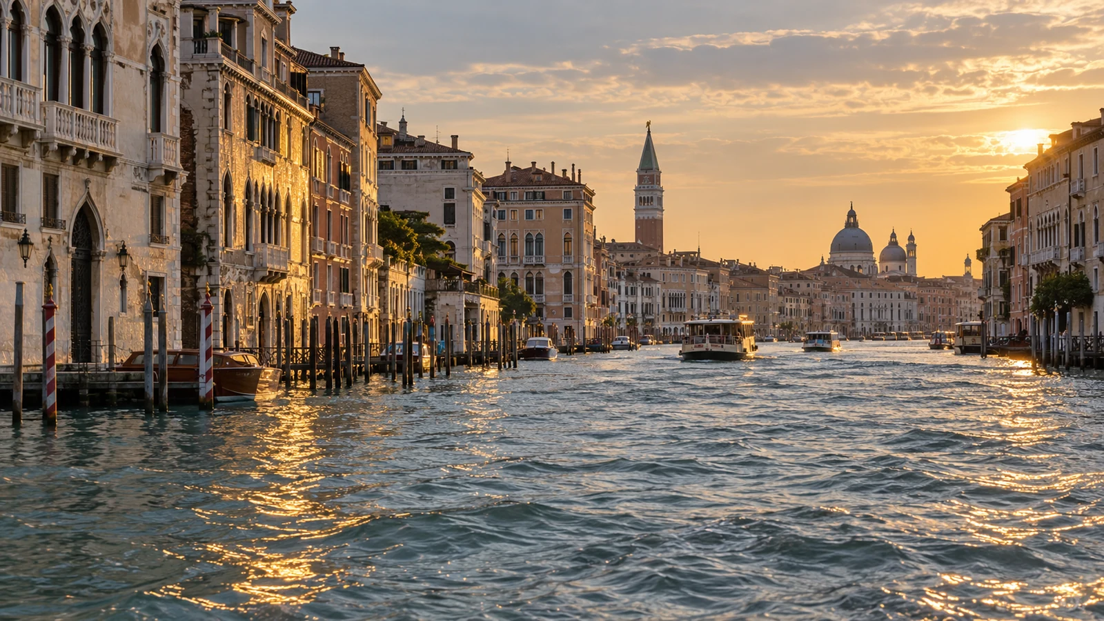 Grand Canal de Venise vu d'un vaporetto, palais et campanile au soleil rasant