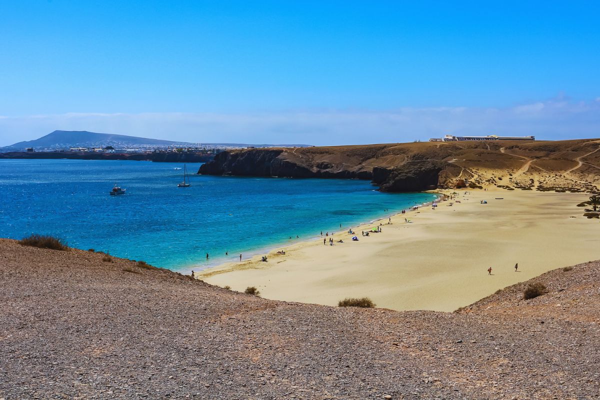 image-une-magnifique-plage-de-sable-blanc-bordee-de-palmiers-et-de-batiments-colores-a-playa-blanca-lanzarotetexte-alternatif-profitez-du-soleil-eclatant-et-des-eaux-cristallines-de-playa-bla