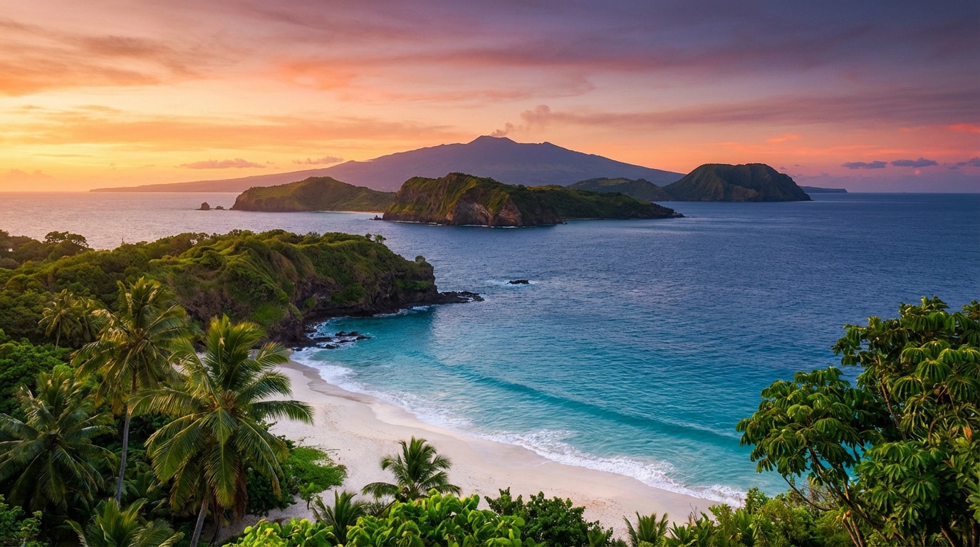Plage tropicale au coucher du soleil. Sable blanc, mer turquoise, palmiers, îles verdoyantes et volcan fumant sous un ciel orangé.