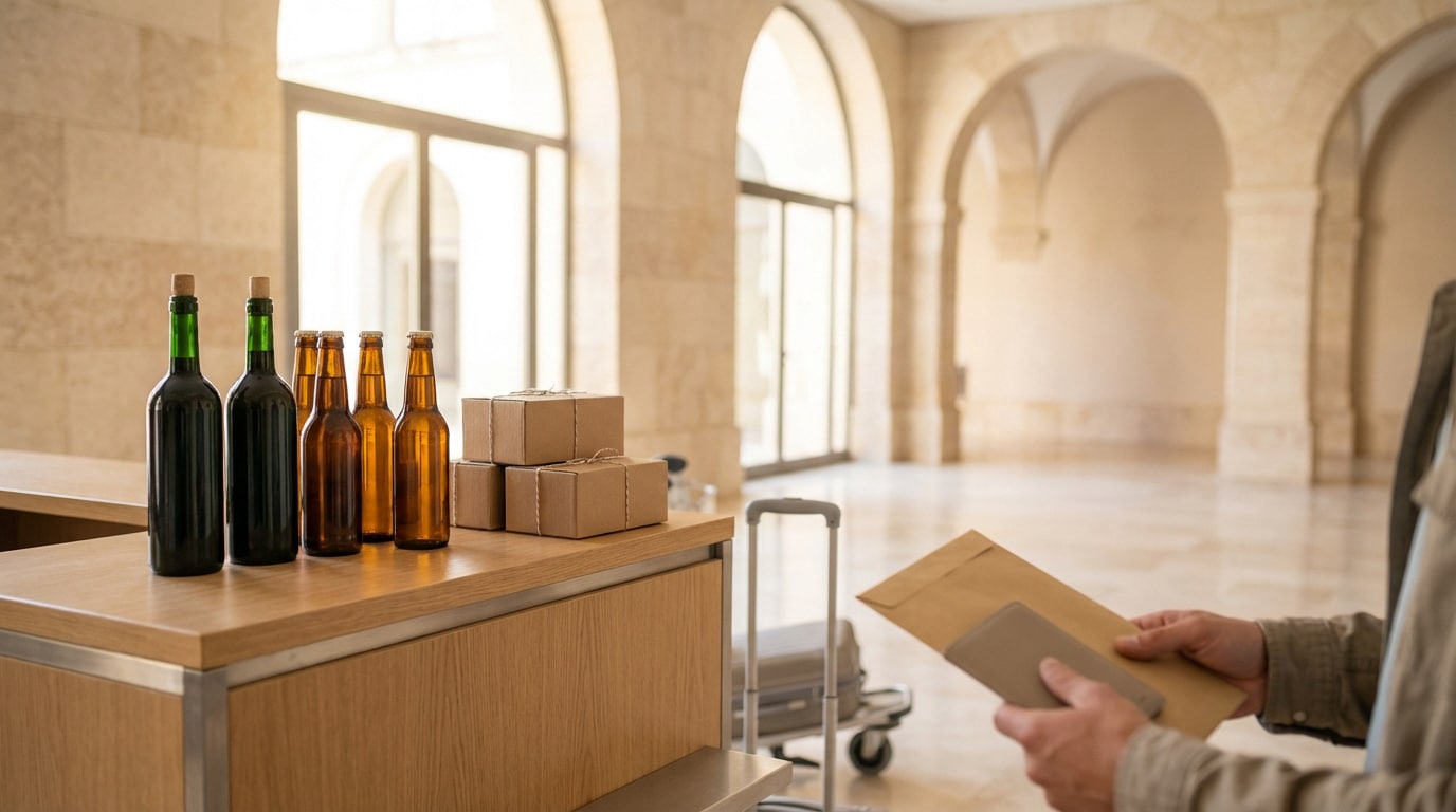 Bouteilles de vin et de bière, petits colis sur un comptoir. Un voyageur tient des documents dans un hall avec arches.