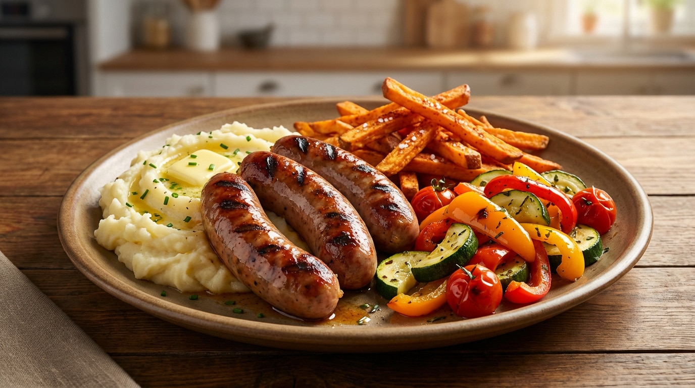 Assiette garnie de trois saucisses grillées, purée de pommes de terre, frites de patate douce et légumes rôtis (courgettes, poivrons, tomates).