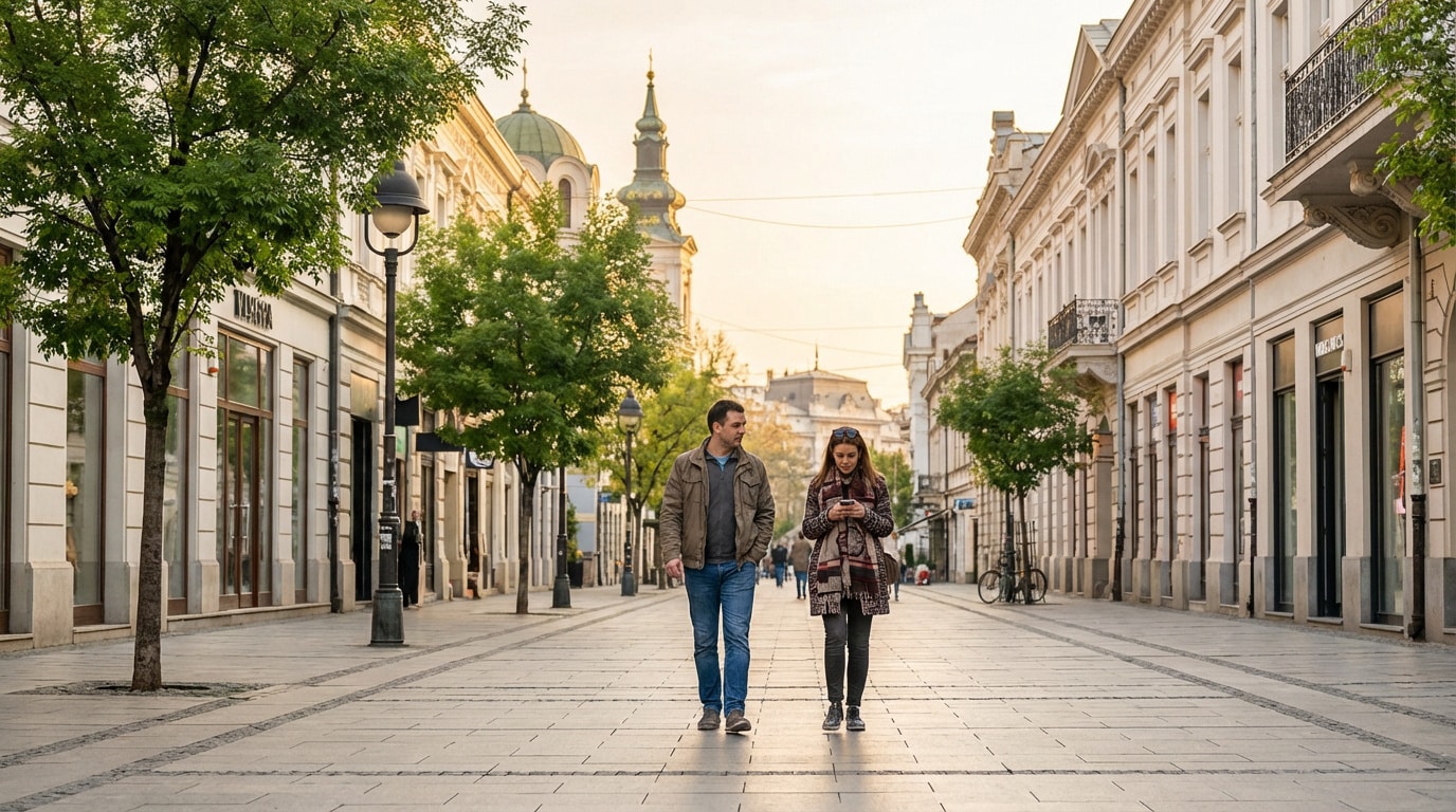 Un couple marche sur une rue piétonne animée de Belgrade, bordée de bâtiments historiques et d'un clocher d'église en fond.