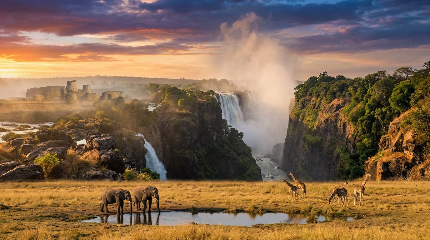 Chutes Victoria et faune africaine. Des éléphants boivent, des girafes paissent. Au loin, les majestueuses chutes et des ruines anciennes.