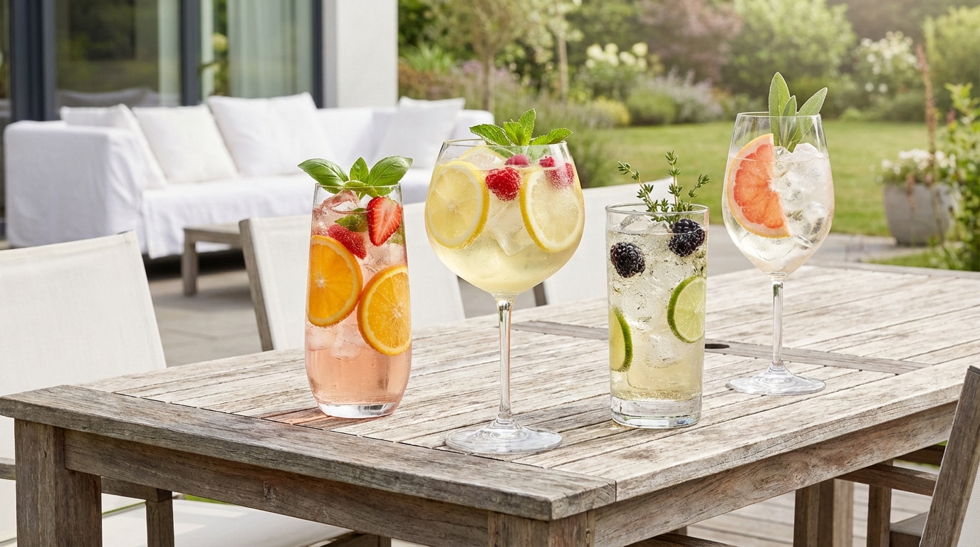 Quatre cocktails colorés aux fruits et herbes (orange, fraise, citron, framboise, mûre, pamplemousse) sur une table de jardin en bois, avec un canapé blanc et un jardin en arrière-plan.