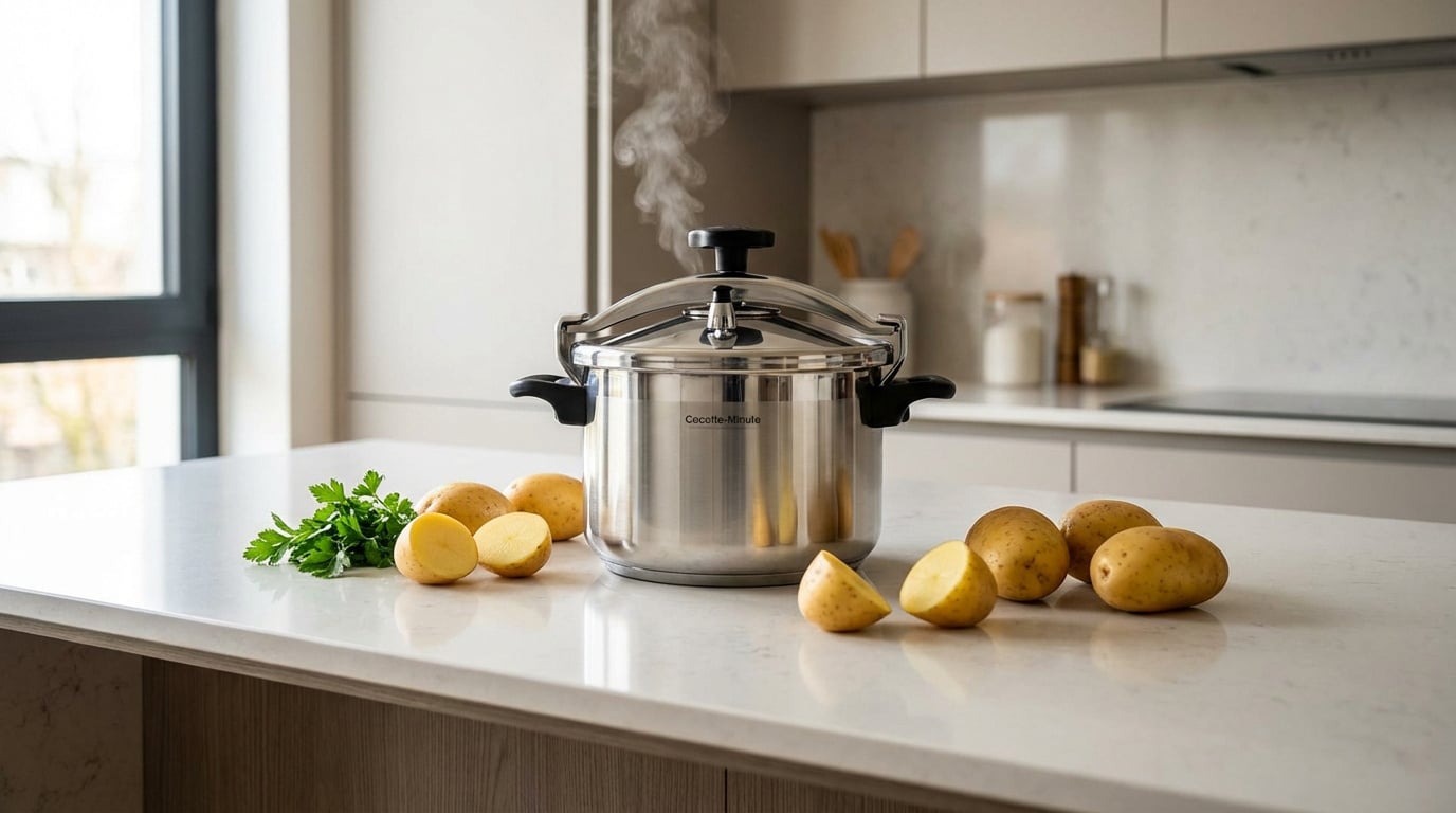 Une cocotte-minute en inox fumante sur un comptoir de cuisine, entourée de pommes de terre crues entières et coupées, et de persil frais.