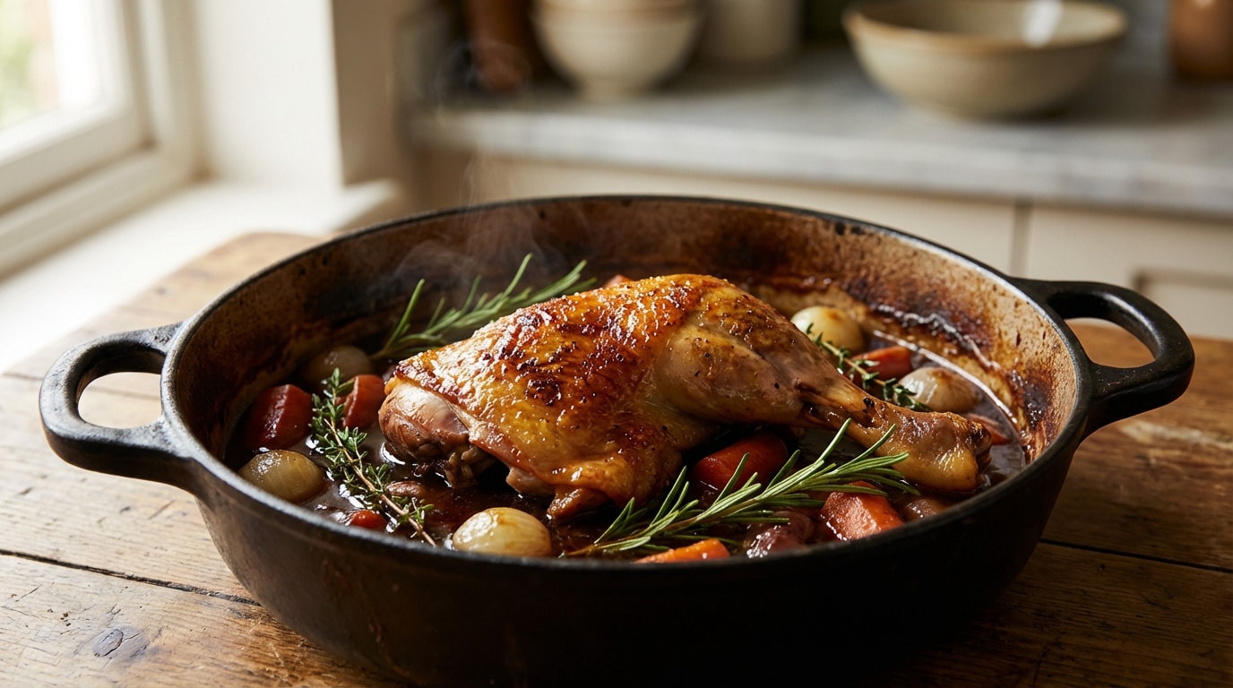 Cuisse de pintade rôtie et croustillante, légumes et herbes aromatiques dans une cocotte en fonte fumante sur une table en bois.