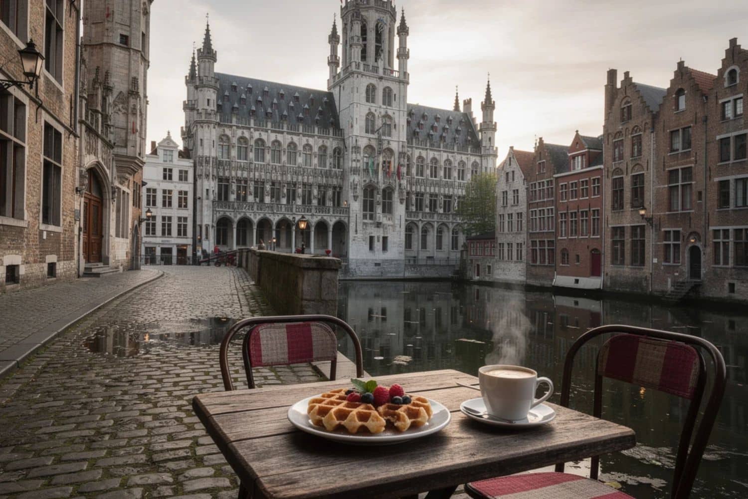Gaufres et café au bord d’un canal à Bruges