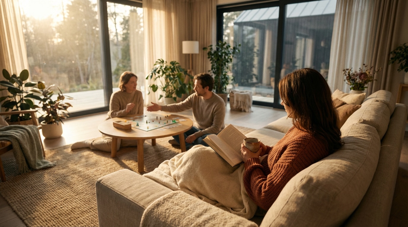 Une femme lit sur un canapé, tandis qu'un couple joue à un jeu de société dans un salon lumineux avec grandes fenêtres.