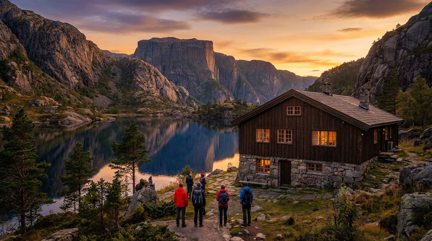 Preikestolhytta, un chalet en bois et pierre au bord d'un lac de montagne, des randonneurs regardent le coucher de soleil.