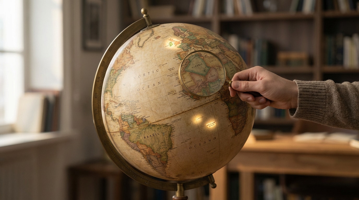 Main tenant une loupe sur un globe terrestre antique, se concentrant sur l'Afrique du Nord, dans un cadre de bibliothèque.