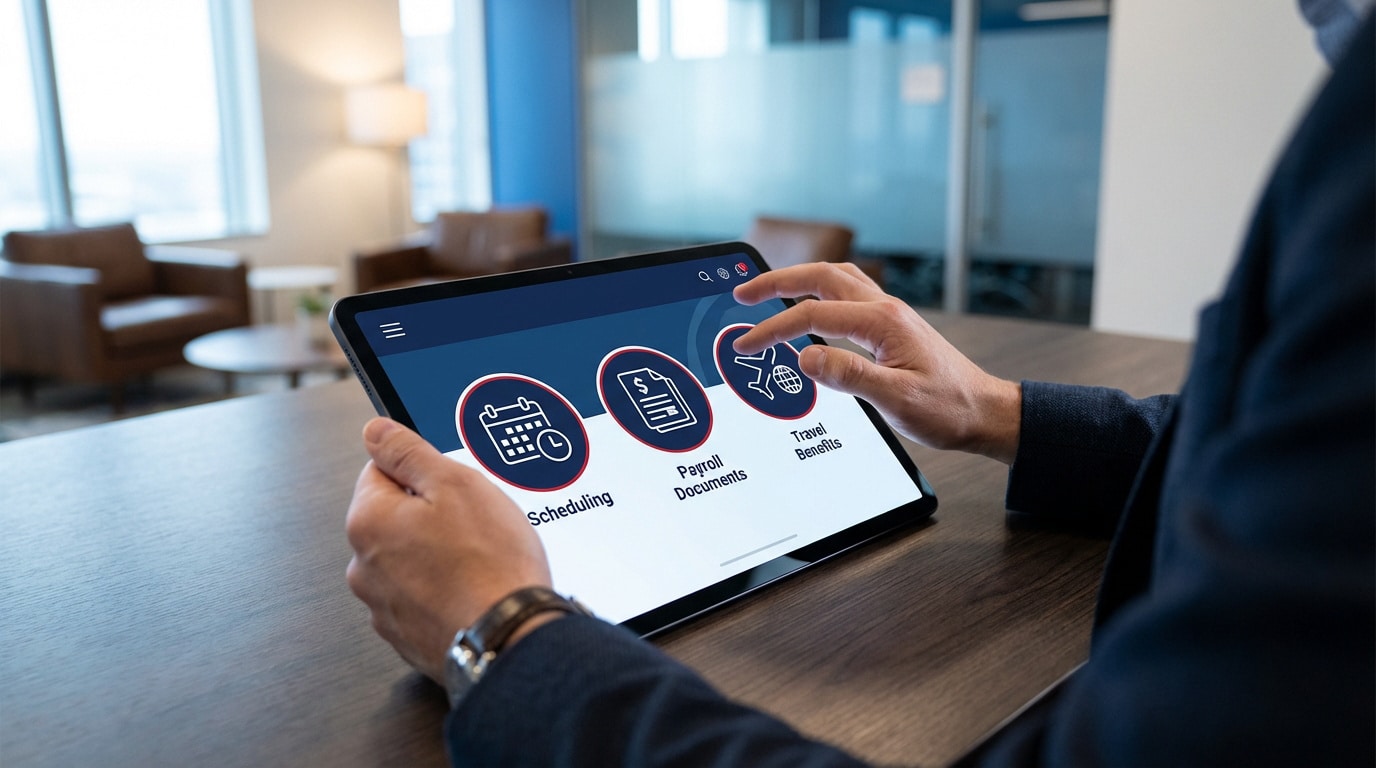 Personne utilisant une tablette pour accéder aux services RH : planification, documents de paie et avantages voyage.