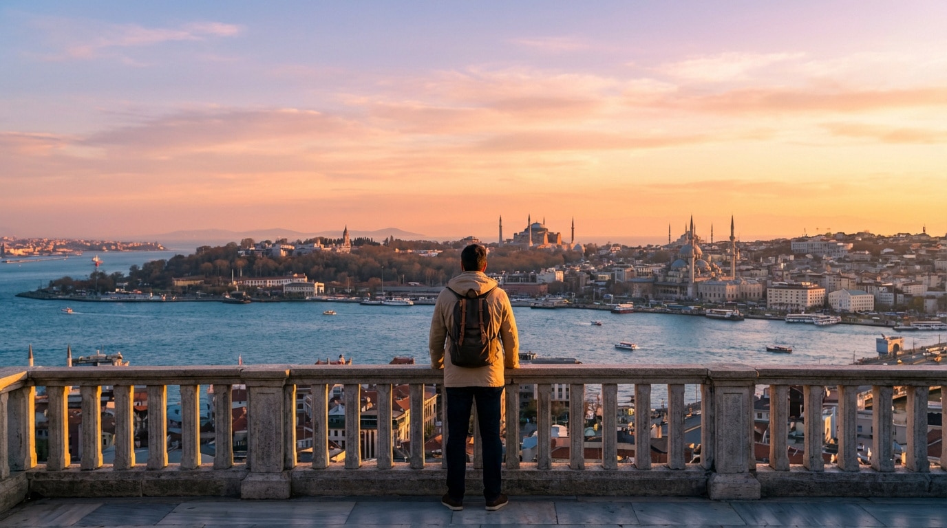 Un homme de dos contemple le magnifique panorama d'Istanbul avec la Sainte-Sophie et le Bosphore au coucher du soleil.