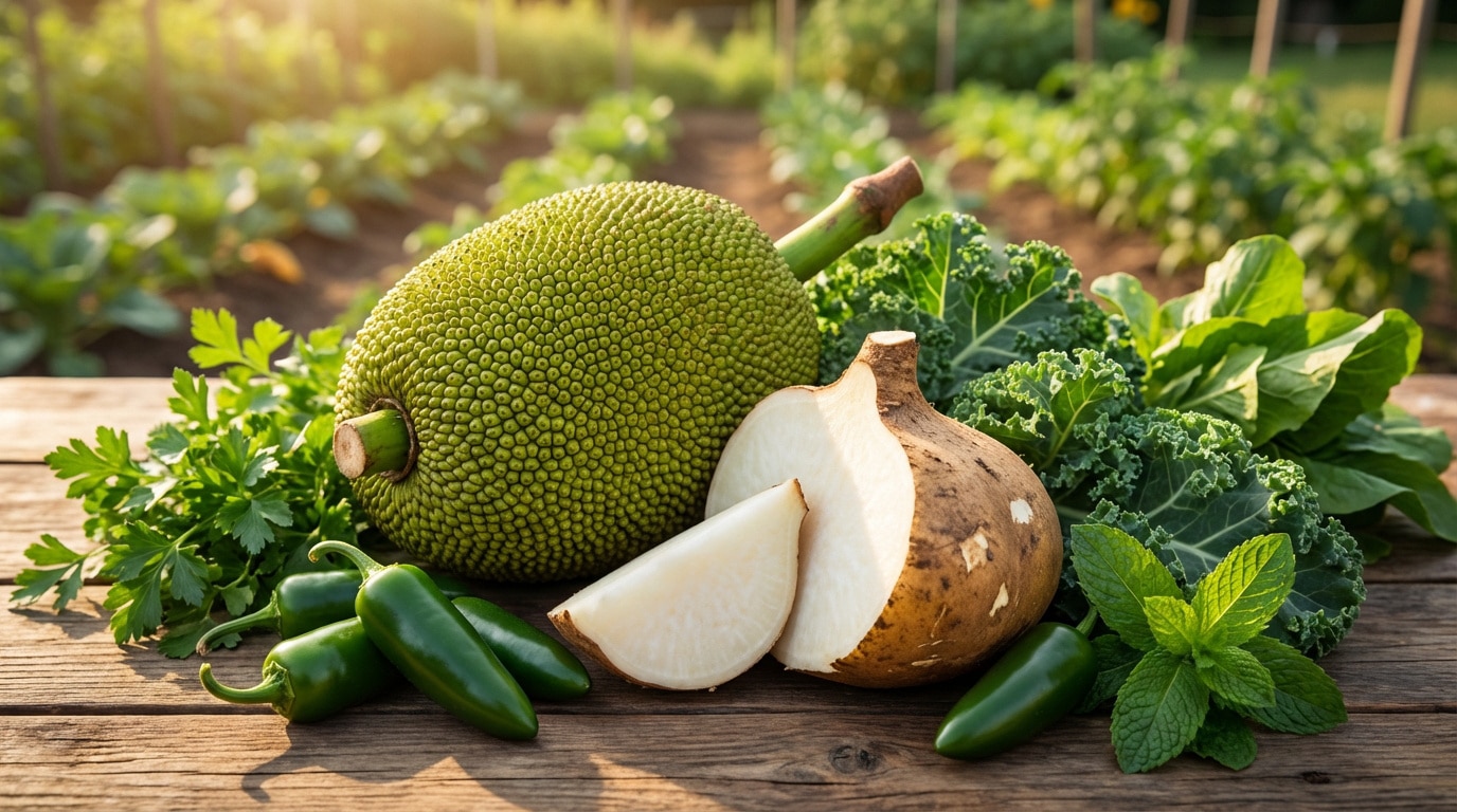 Composition de jacquier entier, jicama coupé, piments jalapeños, chou frisé et persil sur bois, jardin ensoleillé.