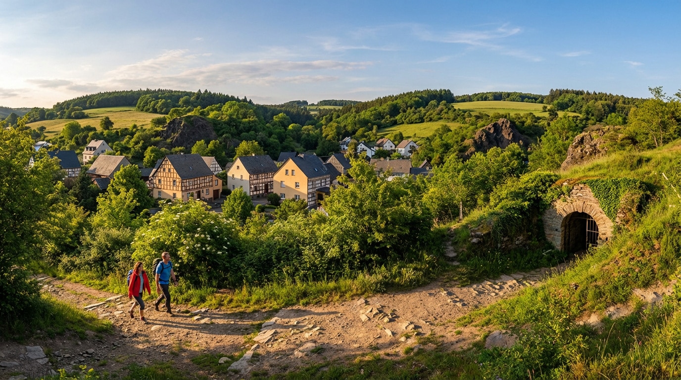 Paysage de Kretz, Allemagne: village dans vallée verte, maisons à colombages, deux randonneurs sur sentier et ancien portail en pierre.