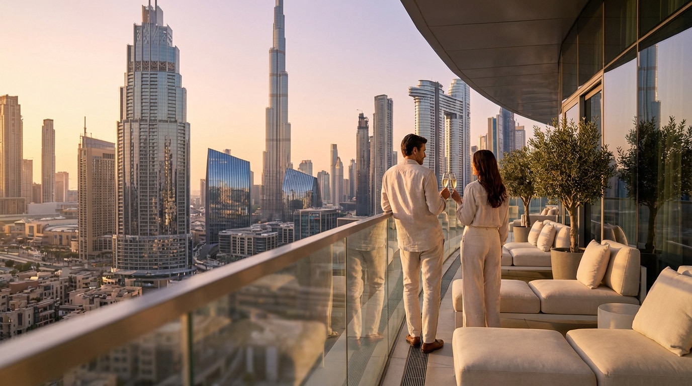Un couple trinque sur une terrasse de luxe, face à la skyline de Dubaï et au Burj Khalifa au coucher du soleil.