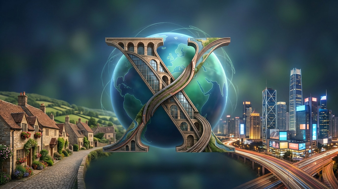 Image conceptuelle d'un X architectural avec rails et bâtiments, reliant un village et une ville moderne, devant un globe lumineux.