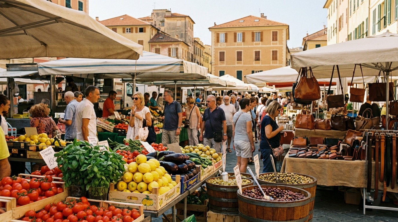 Marché animé en plein air avec des étals de fruits, légumes, olives et articles en cuir. Foule et bâtiments historiques en arrière-plan.