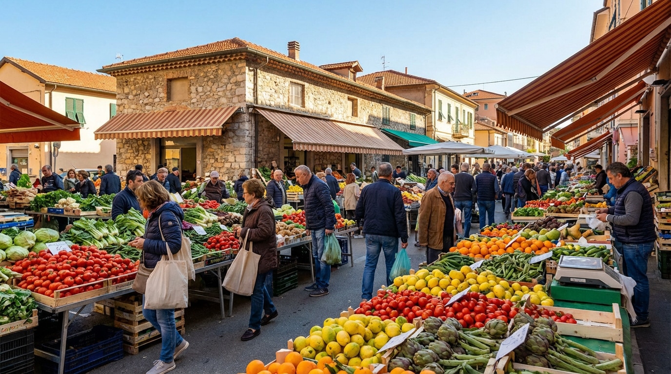 Marché de plein air à Vintimille. Des clients parcourent les étals colorés de fruits et légumes. Bâtiments traditionnels en arrière-plan.