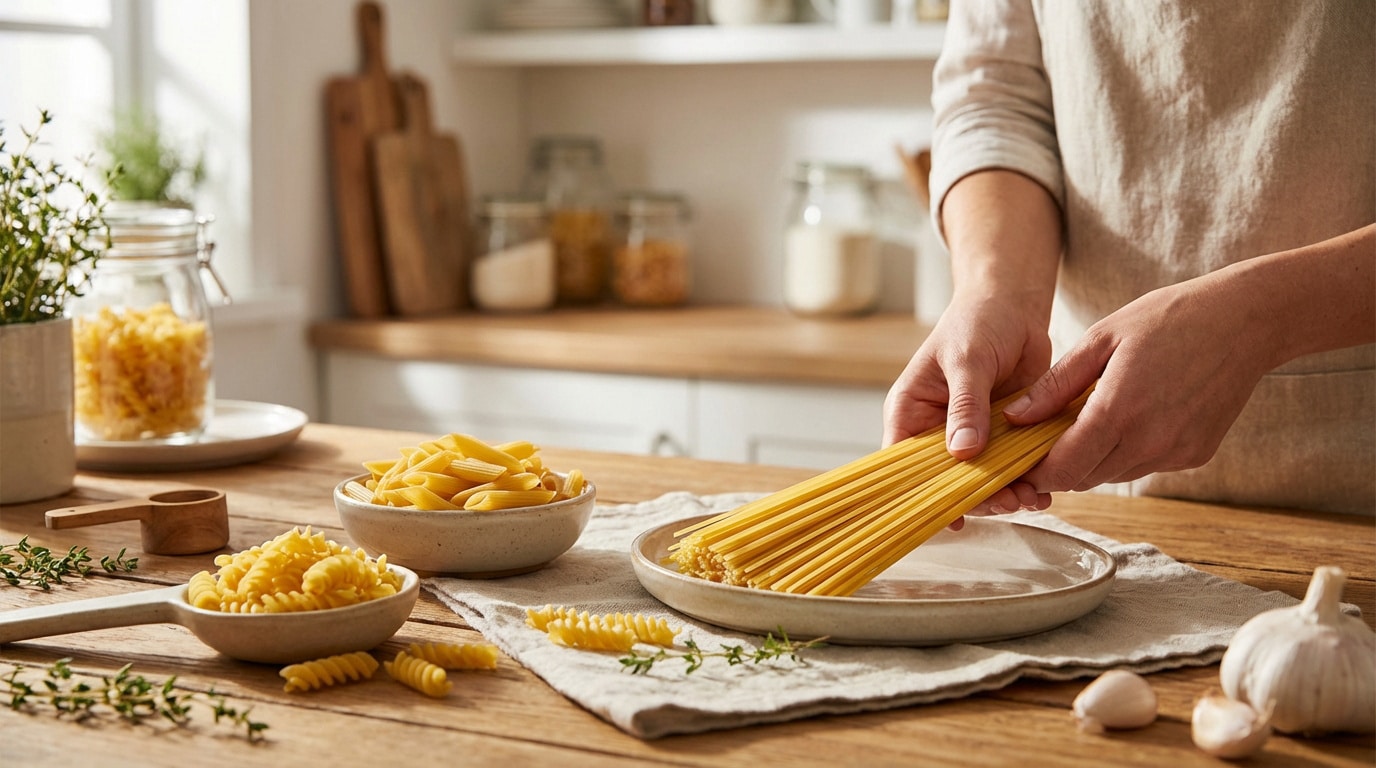 Deux mains mesurent des spaghettis au-dessus d'une assiette, entourées de différentes pâtes crues et d'aromates dans une cuisine lumineuse.