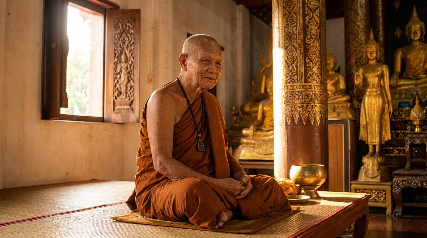 Un Luang Por souriant, moine bouddhiste âgé en robe safran, est assis dans un temple avec des statues de Bouddha dorées.