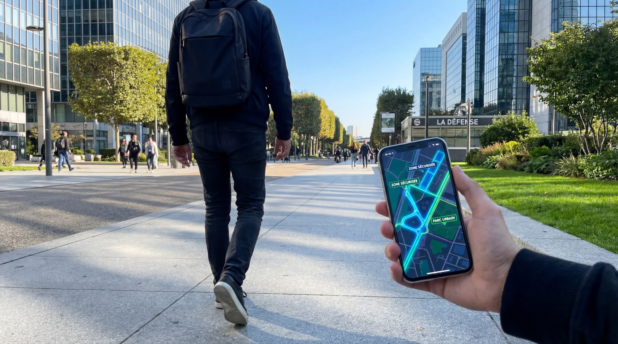 Une personne tient un smartphone affichant une carte avec des "zones sécurisées" et un "parc urbain" à La Défense, Courbevoie.