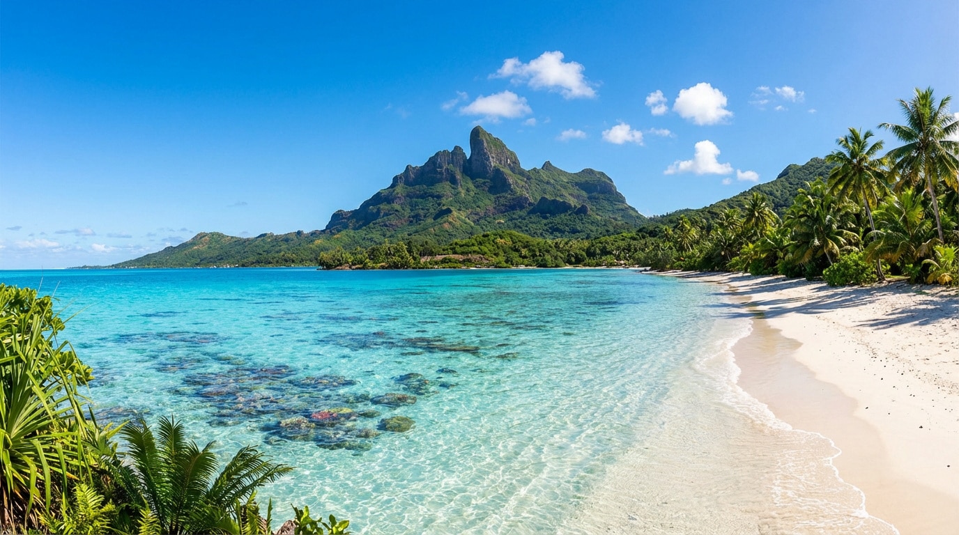 Plage de sable blanc avec un lagon turquoise transparent. Des montagnes verdoyantes et des palmiers bordent la côte sous un ciel bleu.