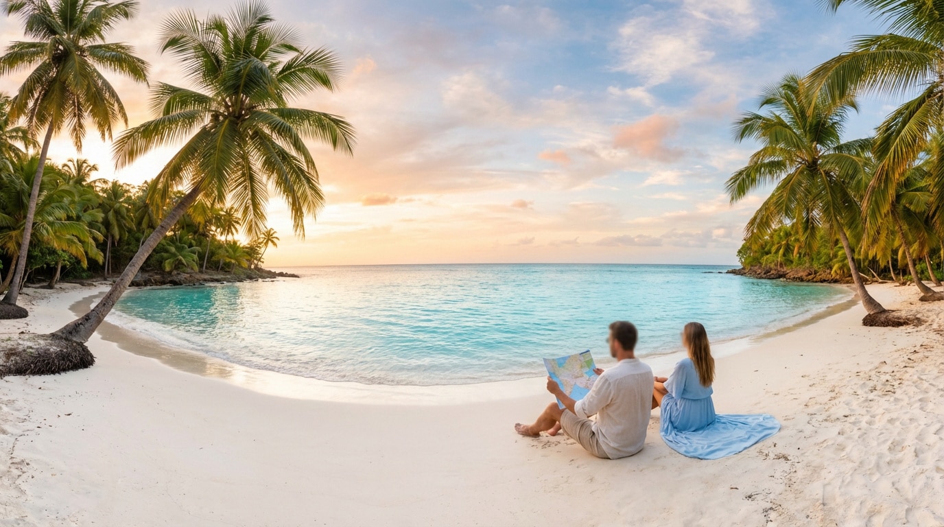 Couple sur une plage tropicale au coucher du soleil, étudiant une carte. Palmiers, sable blanc et mer turquoise encadrent la scène.