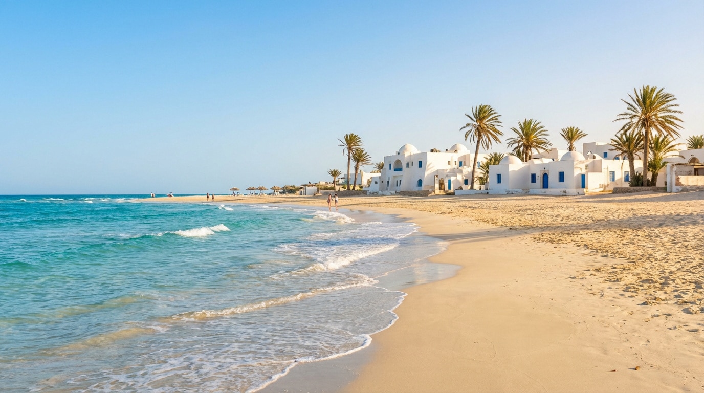 Plage de Djerba ensoleillée avec mer turquoise, sable fin, maisons blanches méditerranéennes et palmiers sous un ciel dégagé.