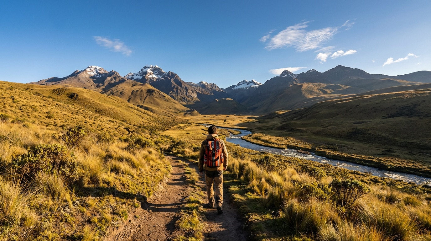 Randonneur vu de dos sur un sentier andin. Il longe une rivière dans une vallée herbeuse, entourée de montagnes enneigées sous un ciel bleu.