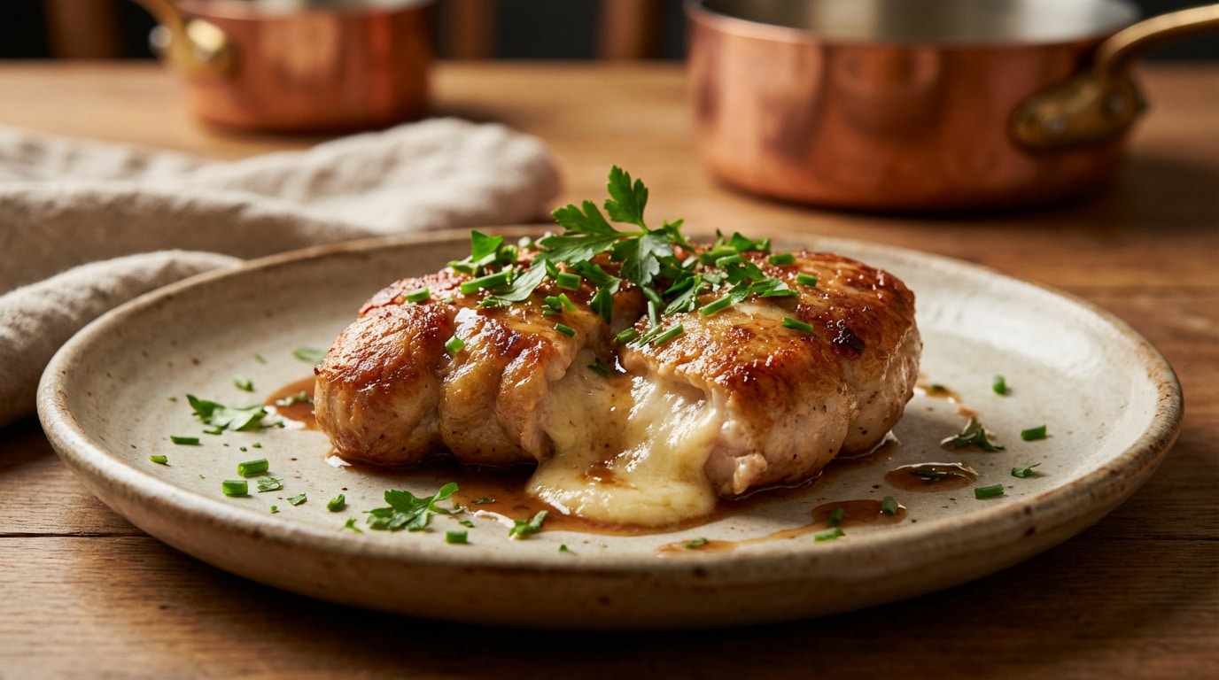 Ris de veau doré coupé en deux, laissant échapper du fromage fondu, garni de persil et ciboulette sur une assiette en céramique.