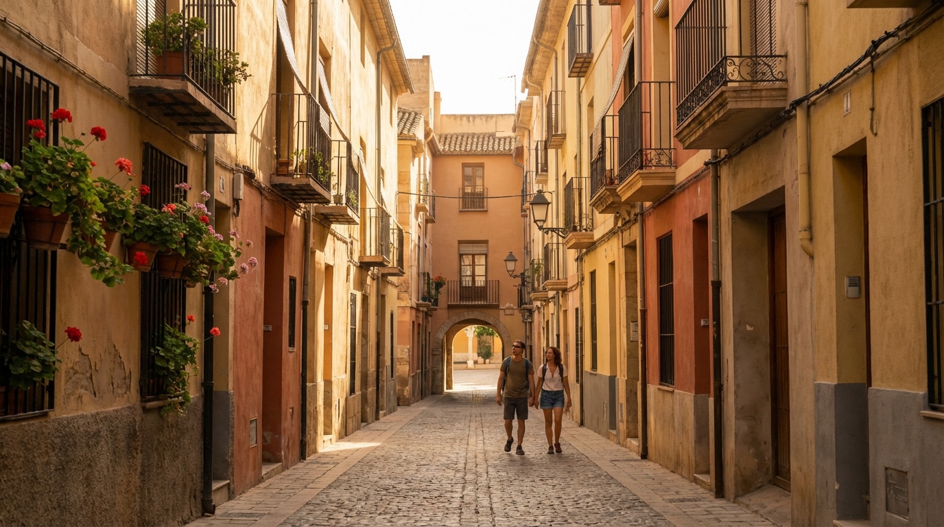 Un couple marche main dans la main dans une ruelle étroite et pavée d'Alicante, bordée de bâtiments colorés et fleuris.