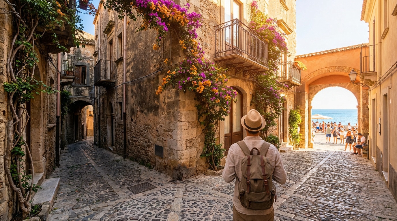Un homme avec chapeau et sac à dos marche dans une ruelle pavée sicilienne fleurie, menant à une arche avec vue sur la mer et des gens.