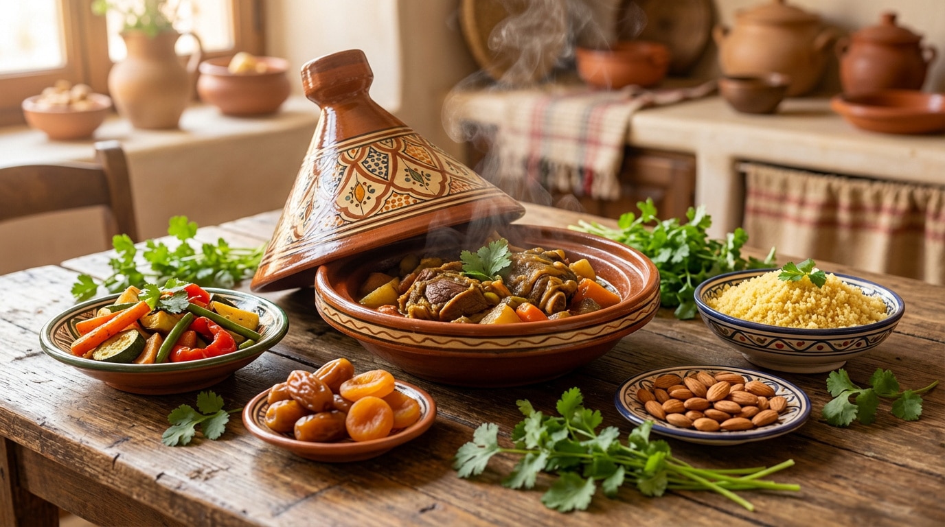 Un tajine fumant avec ses accompagnements : légumes, couscous, dattes, amandes et coriandre, sur une table en bois.