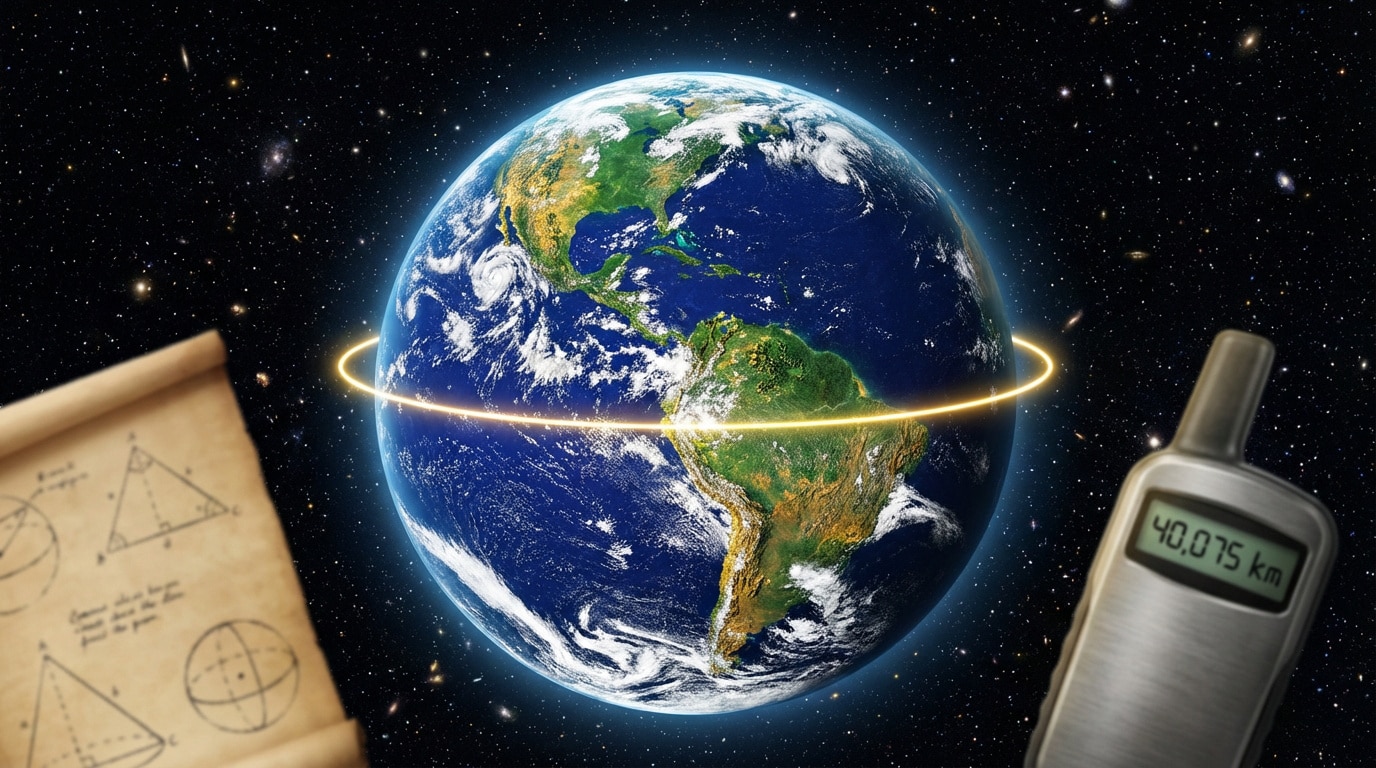 Globe terrestre, cerclé d'un anneau lumineux, avec parchemin géométrique et GPS indiquant la circonférence terrestre.