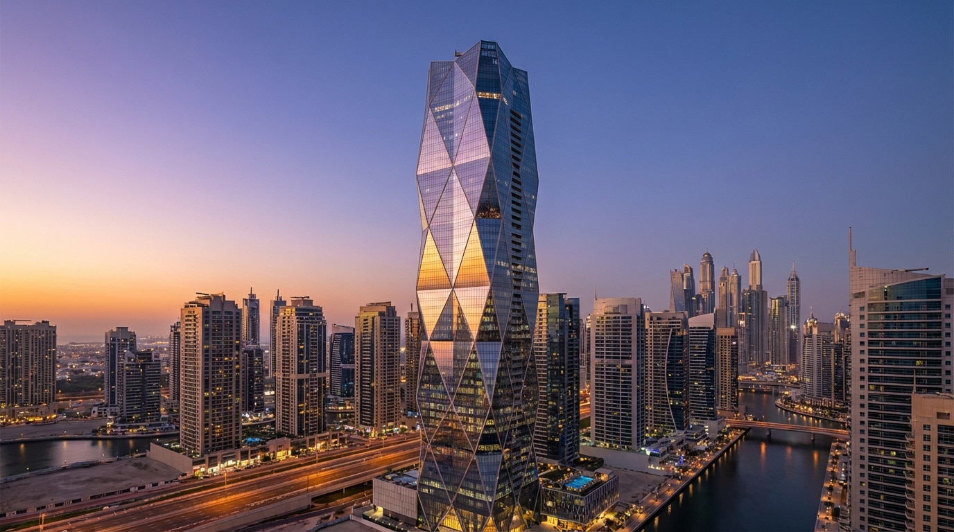 Vue aérienne de la tour Almas à Dubaï au crépuscule. Sa façade géométrique reflète les couleurs du ciel sur fond de gratte-ciel.