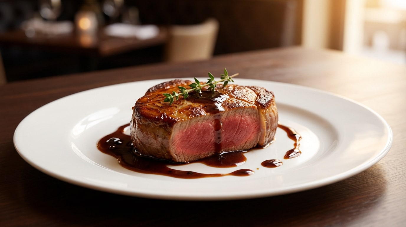 Tournedos de bœuf cuit à point, rosé à l'intérieur, avec sauce et thym sur une assiette blanche.