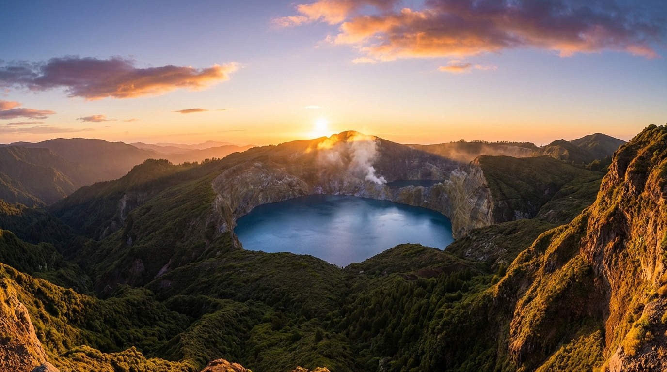 Vue aérienne d'un lac de cratère volcanique bleu intense avec des fumerolles, baigné par les couleurs de l'aube sur les montagnes.