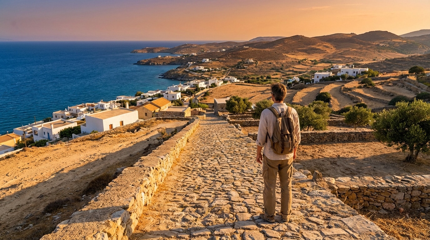 Un randonneur contemple un village côtier traditionnel en Méditerranée, avec des maisons blanches et la mer bleue sous un ciel doré.