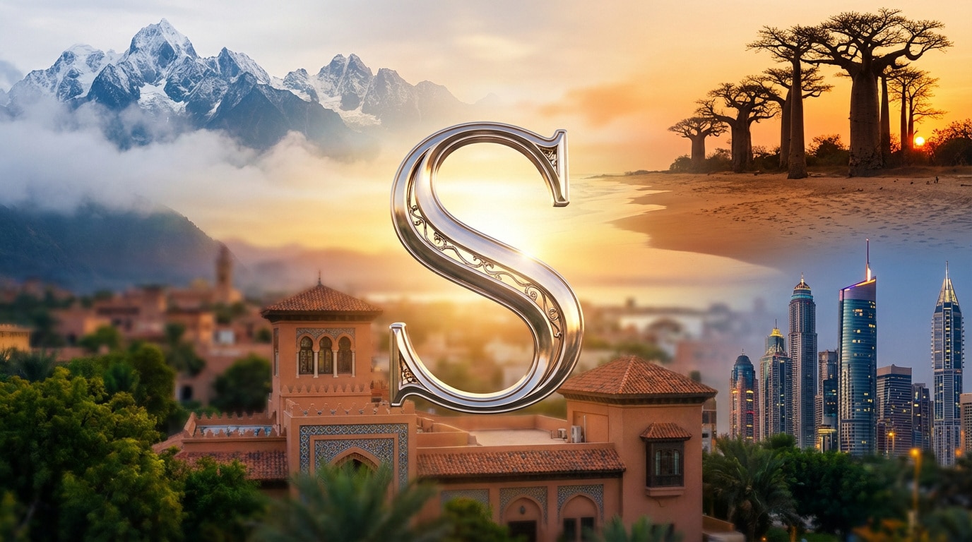 La lettre S en métal, au centre, fusionne des paysages variés: montagnes, baobabs, architecture arabe et gratte-ciel.
