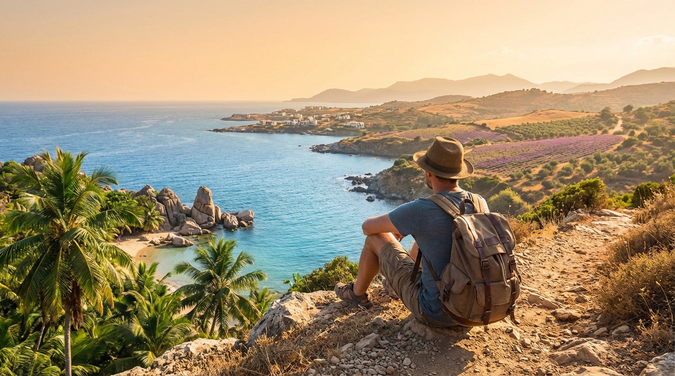 Homme avec sac à dos et chapeau admirant une baie rocheuse aux eaux turquoise, une plage, des palmiers et un village côtier sous un ciel doré.