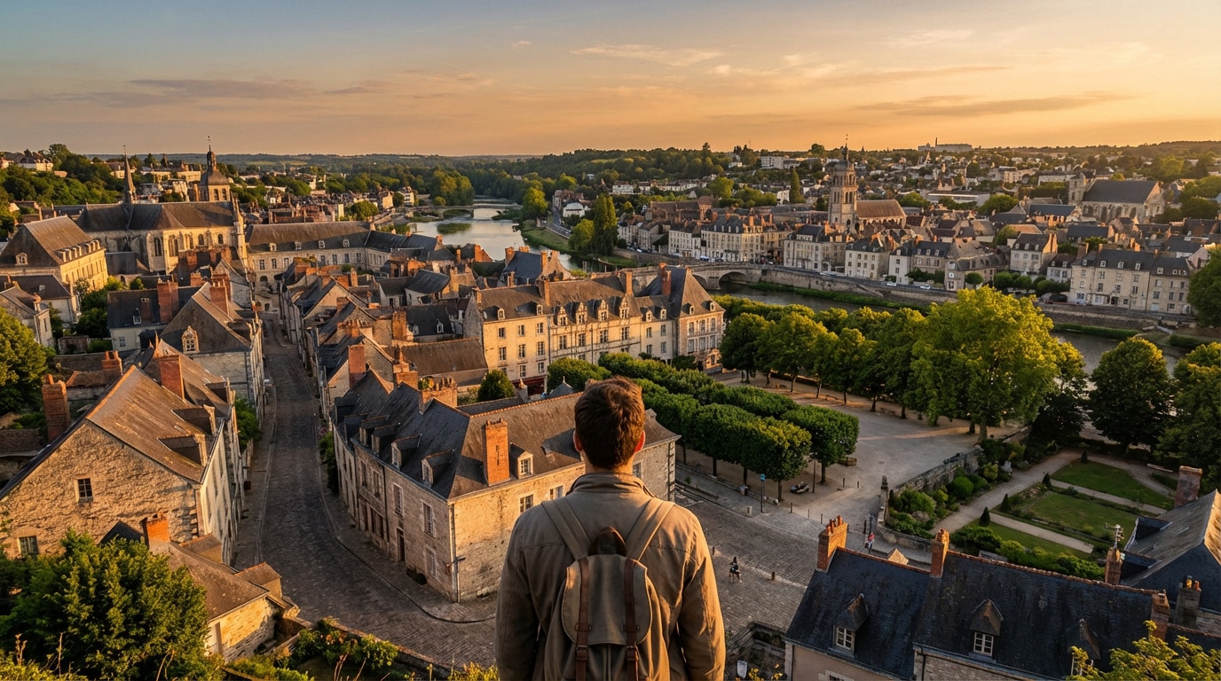 Vue d'un homme de dos observant le panorama historique de Blois avec ses toits, églises et la Loire au coucher du soleil.