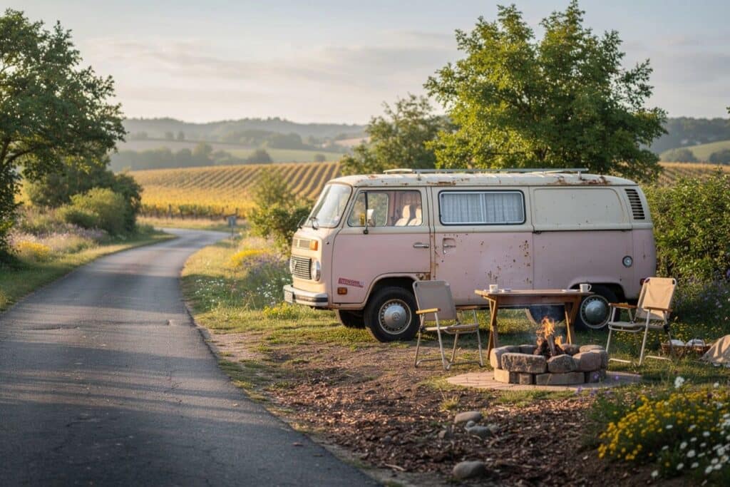 Van vintage garé près vignobles et feu de camp
