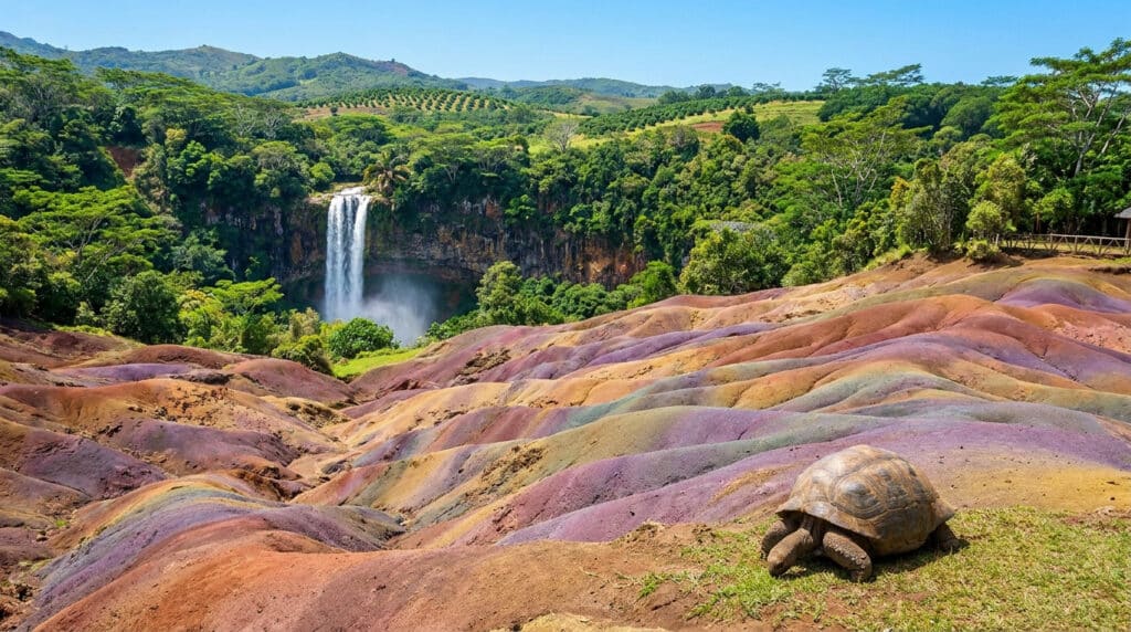 Une tortue géante sur les Terres des Sept Couleurs à Chamarel avec la cascade en arrière-plan sous un ciel bleu.