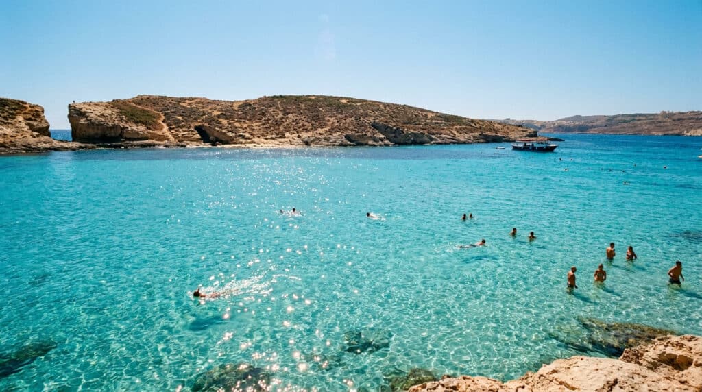 Eau turquoise cristalline au Blue Lagoon à Malte avec des nageurs et un bateau en arrière-plan sous un ciel bleu.