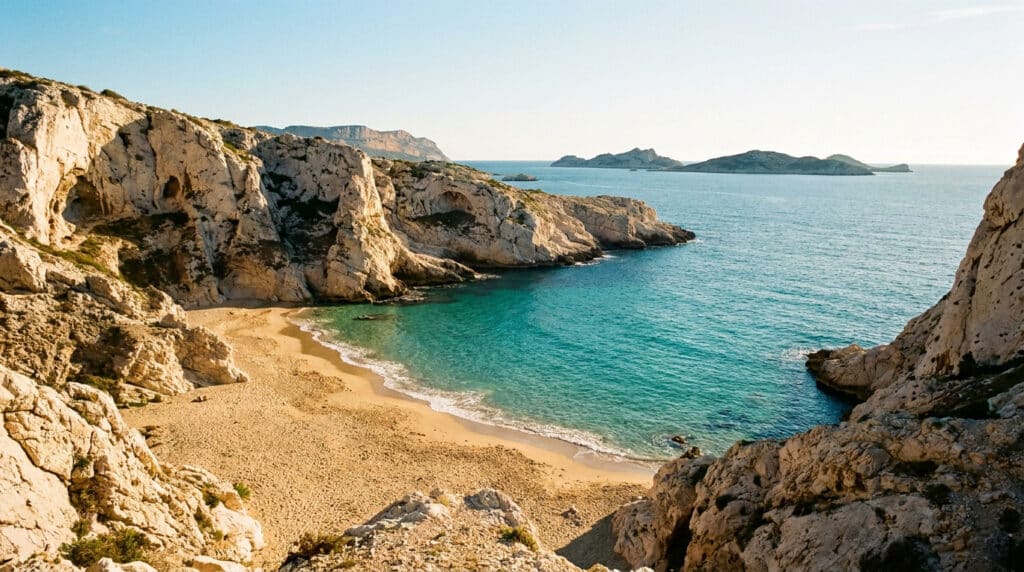 Plage de sable doré nichée entre des falaises calcaires blanches surplombant une mer Méditerranée turquoise et limpide.