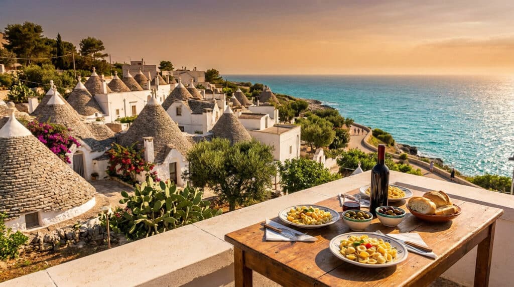 Repas italien sur une table en bois surplombant les trulli typiques des Pouilles face à la mer Méditerranée au coucher.