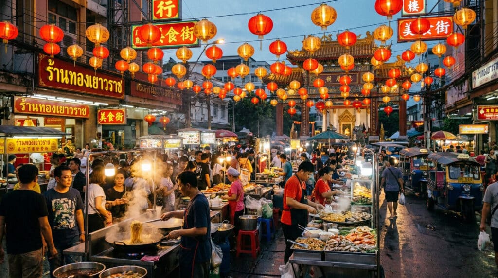 Rue animée de Chinatown à Bangkok avec des stands de street food, des lanternes rouges et une foule de passants.