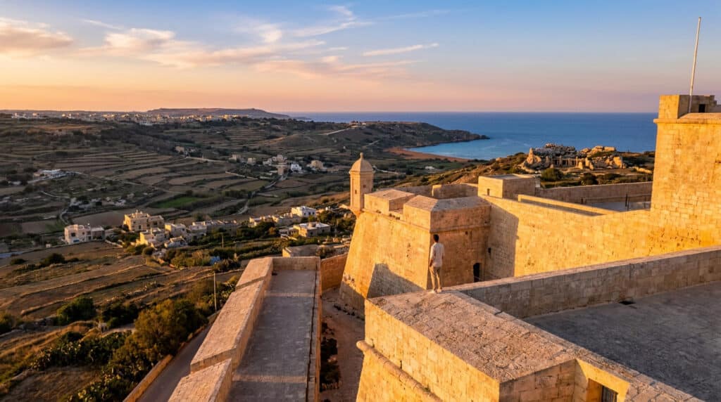Un homme debout sur les remparts de la Citadelle de Gozo admirant un paysage méditerranéen au coucher du soleil.