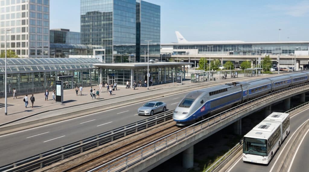 Vue aérienne d'un TGV, d'un bus et d'une voiture circulant près d'une gare moderne sous un ciel bleu.
